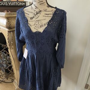 Free People Navy Blue Eyelet Mini Dress